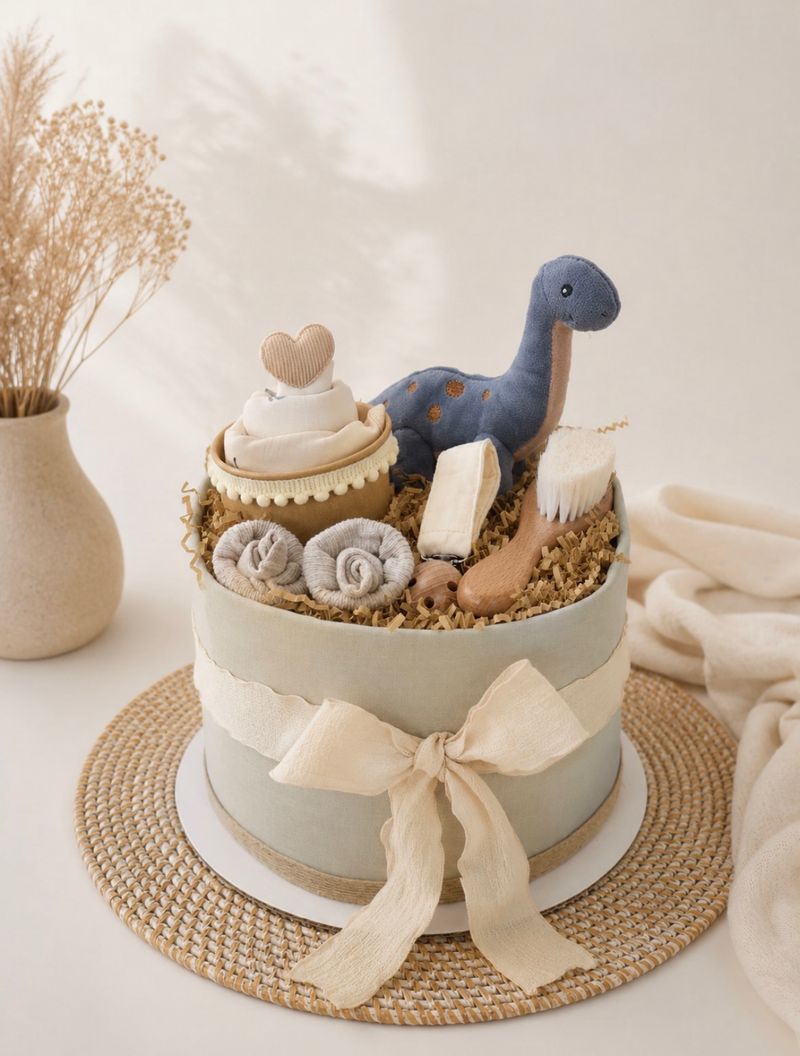 Little Dino mini diaper cake σε sage και μπλε αποχρώσεις με λούτρινο δεινοσαυράκι