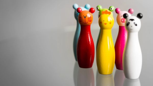 Colorful arranged animal bowling pins