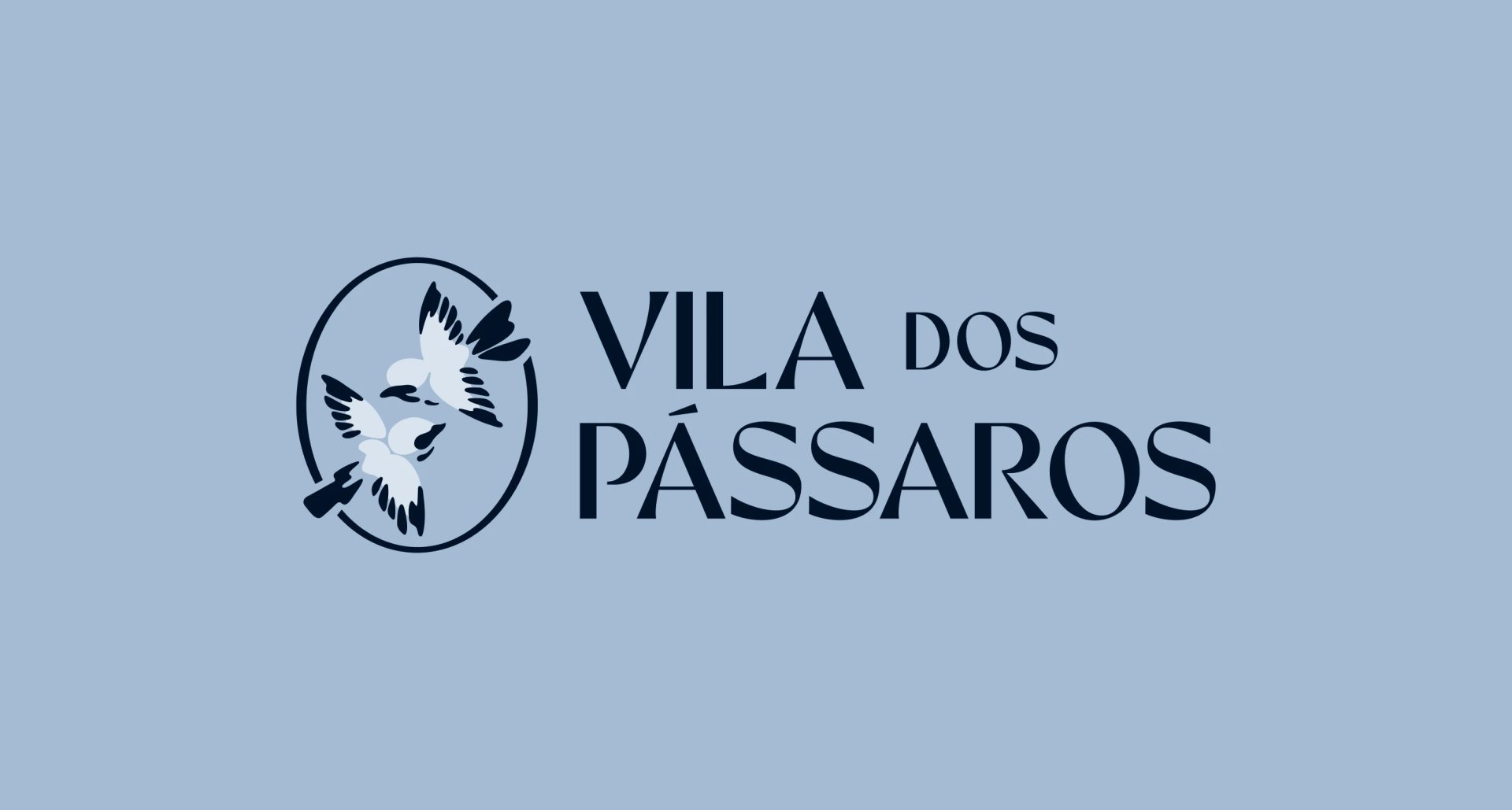 Navy VILA DOS PÁSSAROS logo with two flying birds inside an oval, centered on a pale blue background.