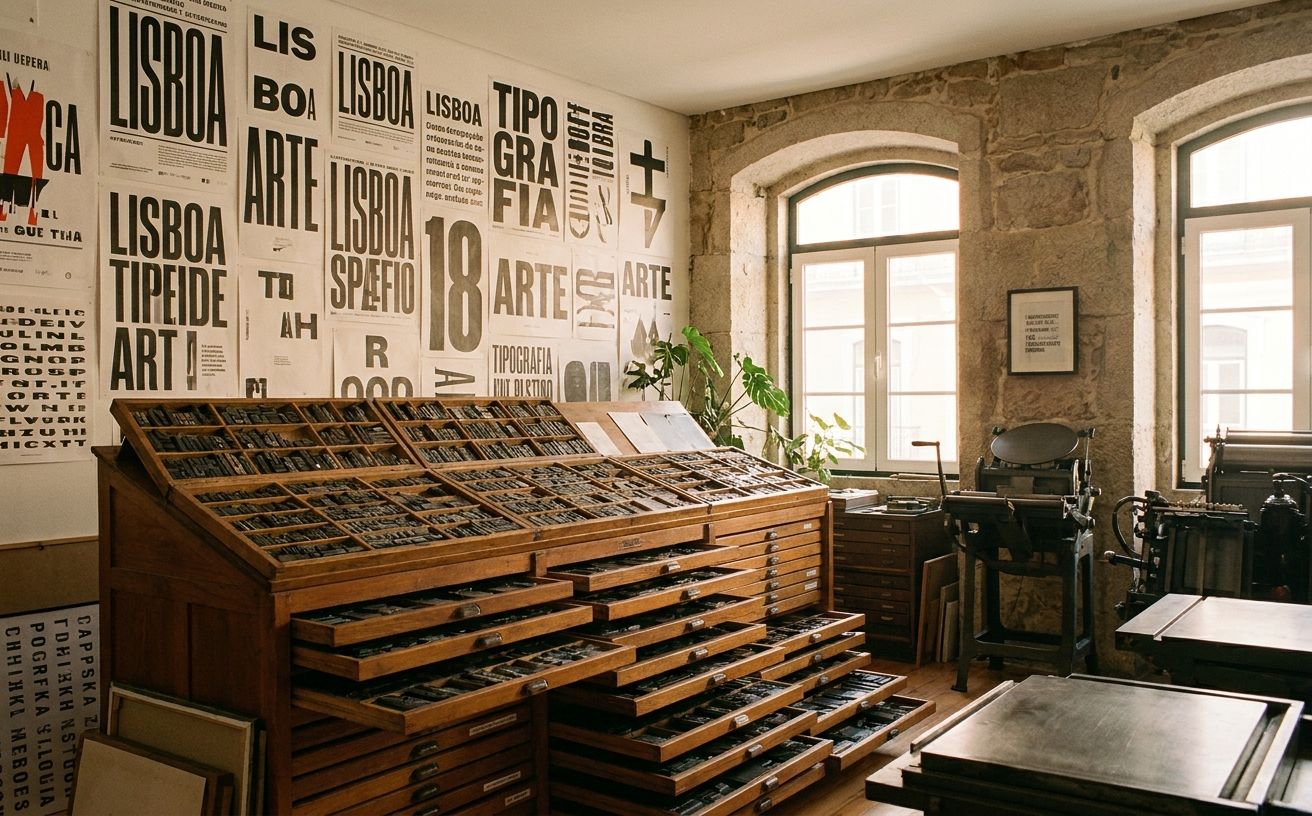 A Lisbon type foundry with wooden letterpress drawers of metal type, a print shop wall of display-typography posters, soft southern European afternoon light