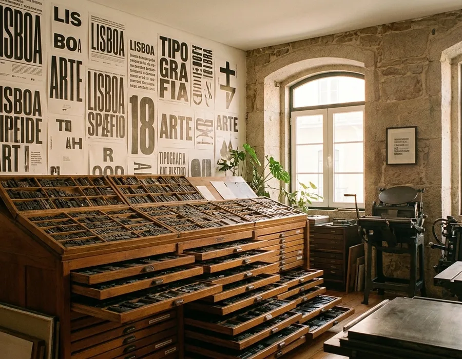 A Lisbon type foundry with wooden letterpress drawers of metal type, a print shop wall of display-typography posters, soft southern European afternoon light