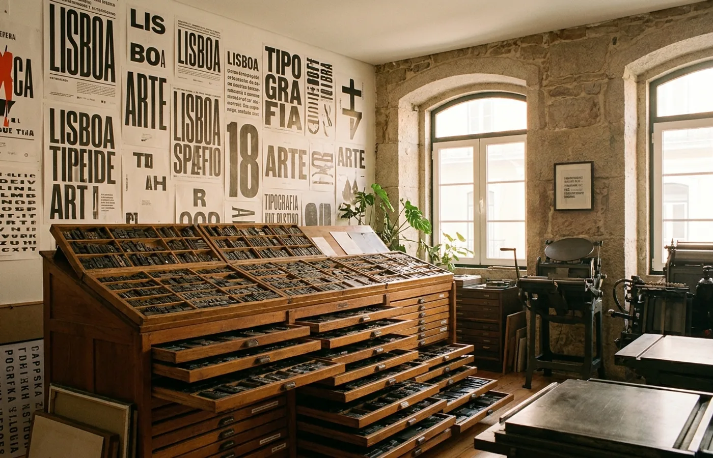 A Lisbon type foundry with wooden letterpress drawers of metal type, a print shop wall of display-typography posters, soft southern European afternoon light