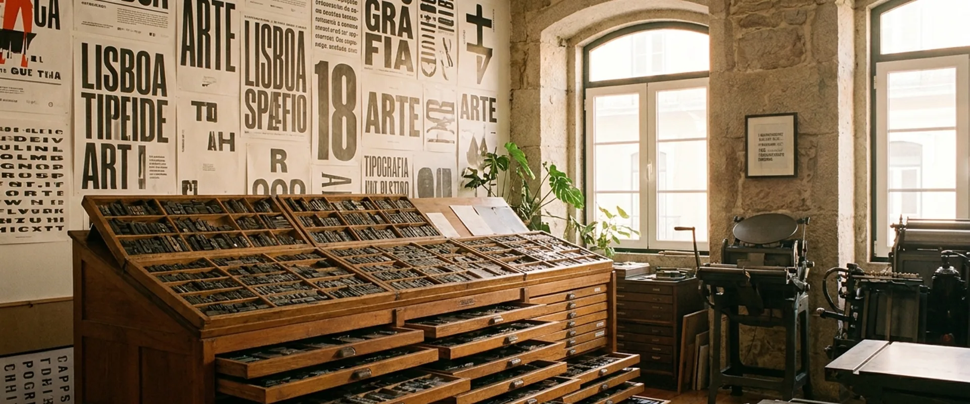 A Lisbon type foundry with wooden letterpress drawers of metal type, a print shop wall of display-typography posters, soft southern European afternoon light