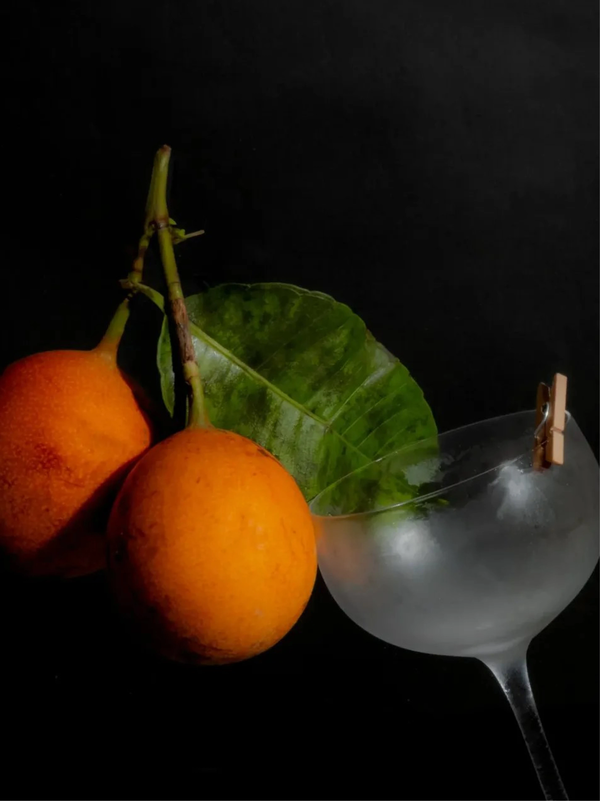 Two oranges with green leaves sit beside a frosted cocktail glass with a wooden peg against a black background.