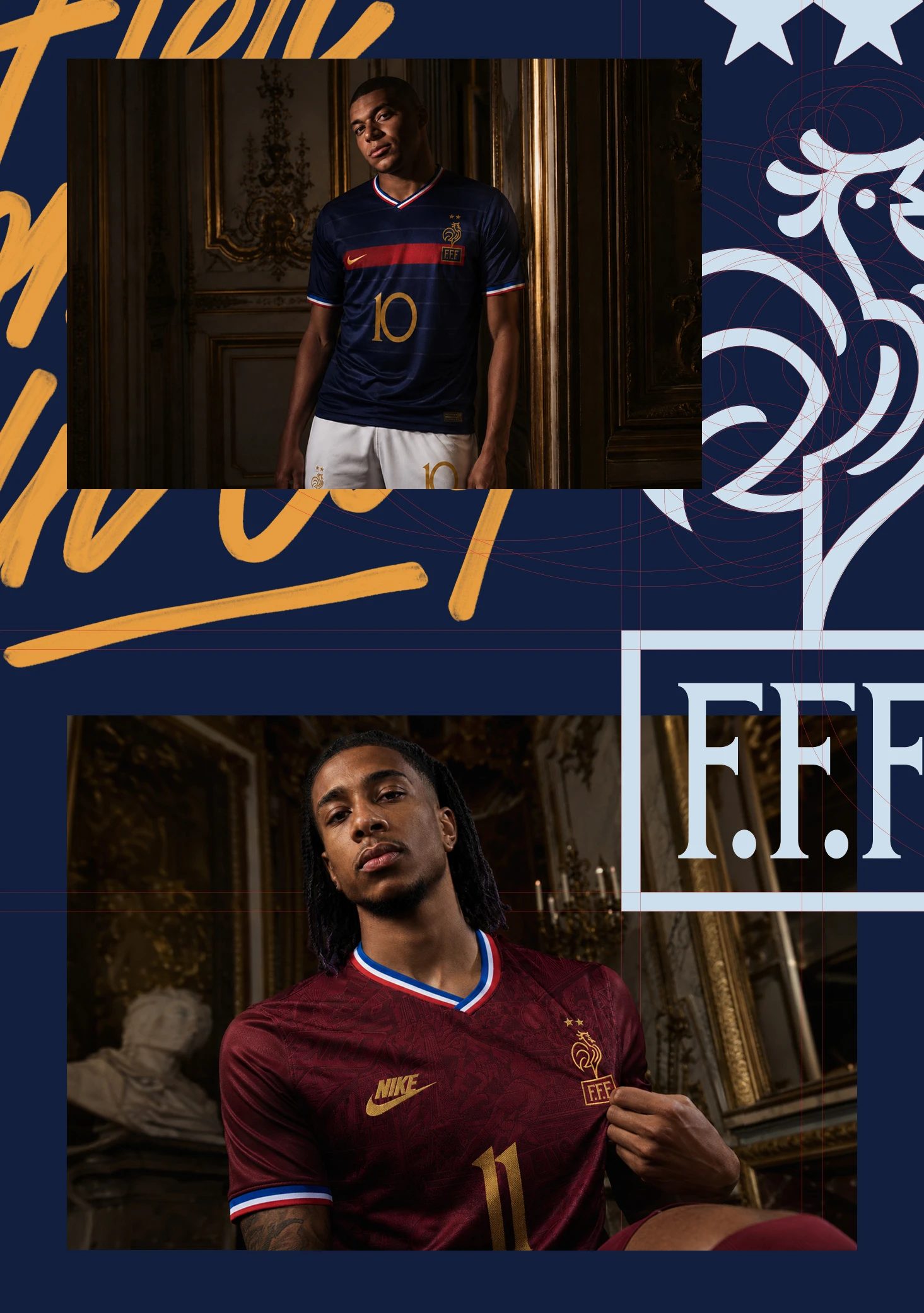 Poster collage of footballers in navy and burgundy France kits, with gold numbers, white rooster graphics and “F.F.F.” text.
