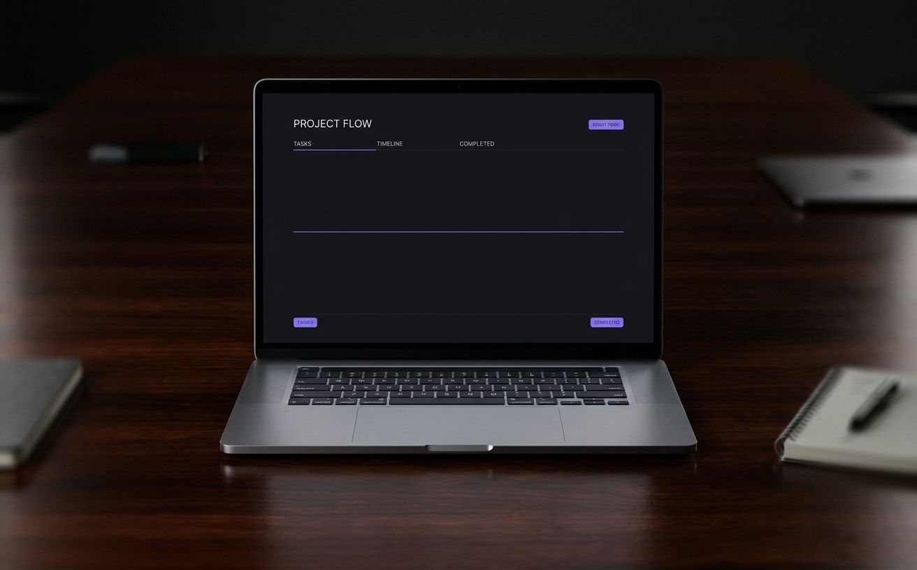 A sleek laptop on a dark polished desk showing Linear's project tracker with near-black UI and a single violet accent, low-key studio light