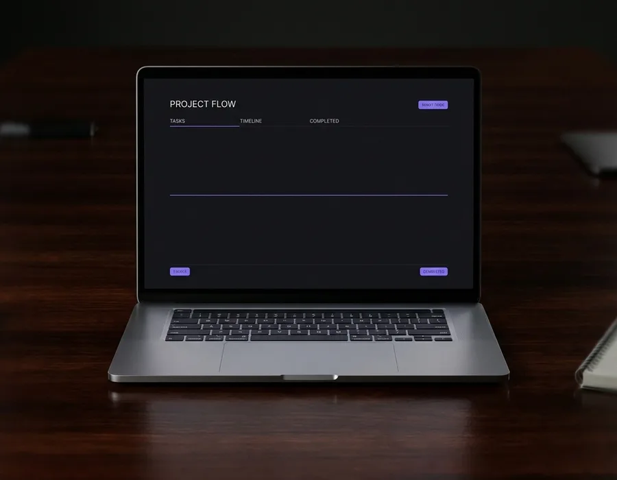 A sleek laptop on a dark polished desk showing Linear's project tracker with near-black UI and a single violet accent, low-key studio light