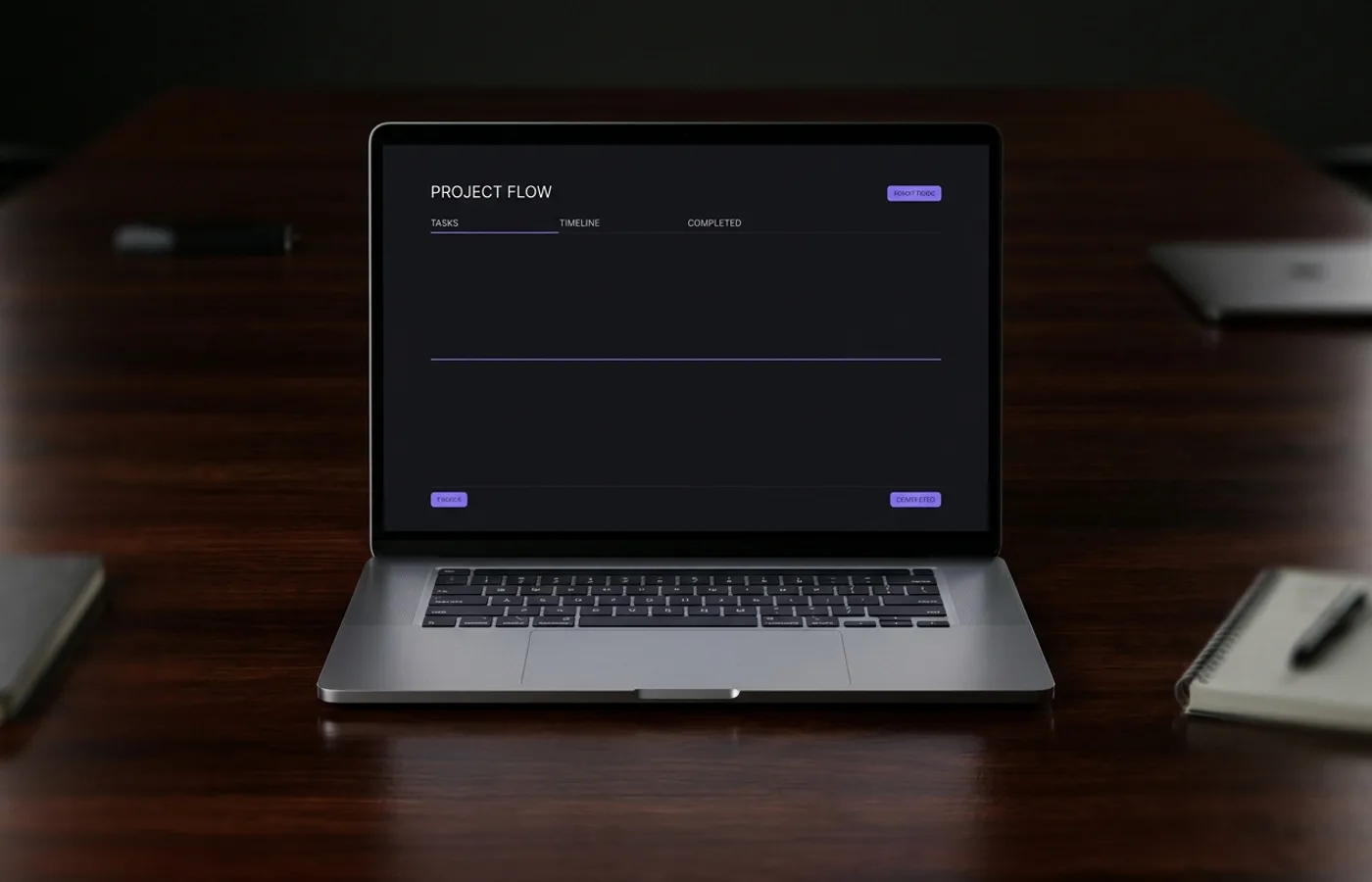 A sleek laptop on a dark polished desk showing Linear's project tracker with near-black UI and a single violet accent, low-key studio light
