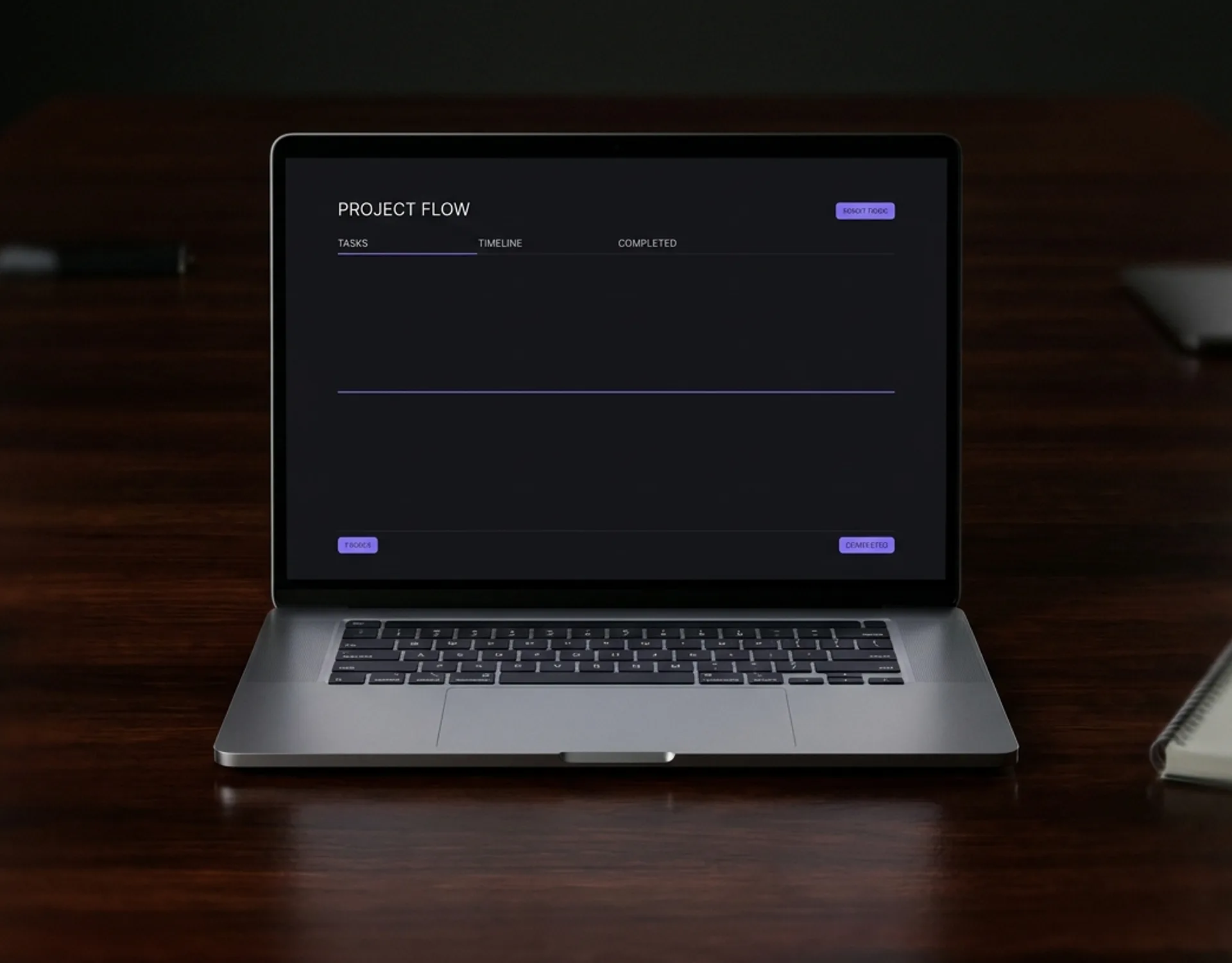 A sleek laptop on a dark polished desk showing Linear's project tracker with near-black UI and a single violet accent, low-key studio light