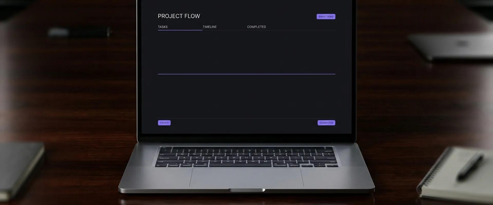 A sleek laptop on a dark polished desk showing Linear's project tracker with near-black UI and a single violet accent, low-key studio light