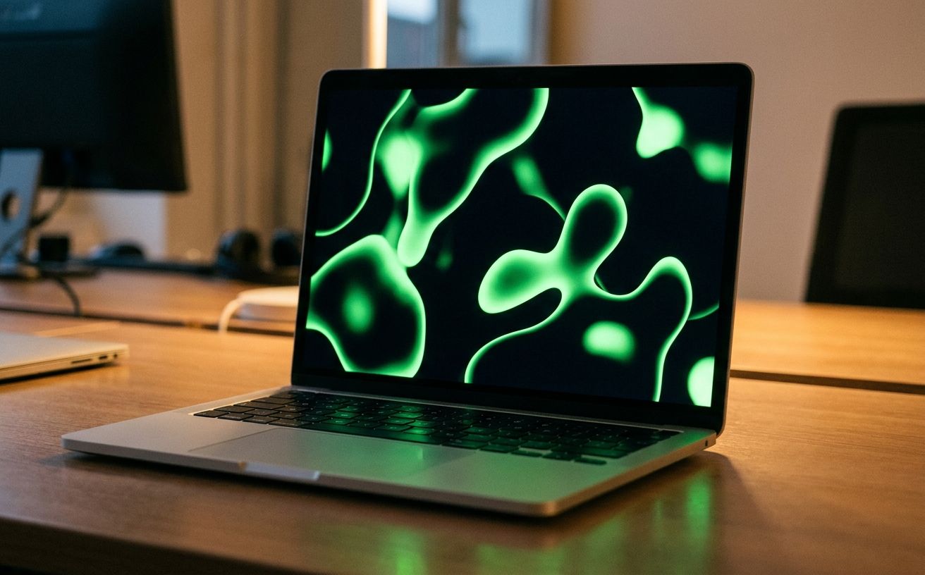 Laptop screen showing a fluid green liquid-motion brand identity against a black background, reflected in the laptop's aluminum surface