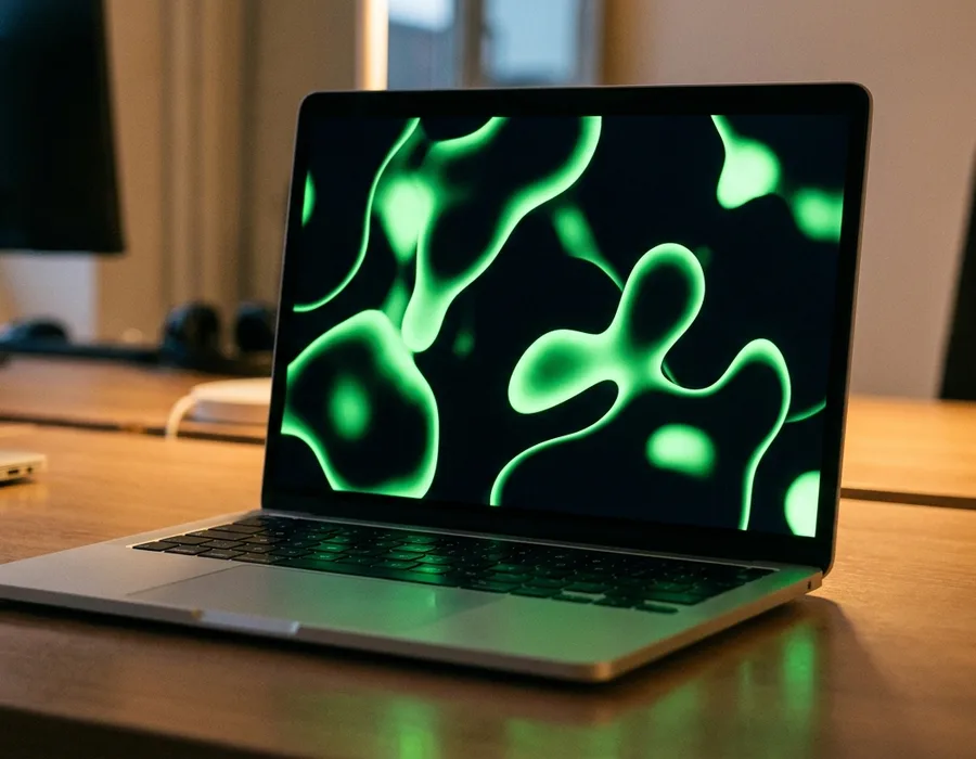 Laptop screen showing a fluid green liquid-motion brand identity against a black background, reflected in the laptop's aluminum surface