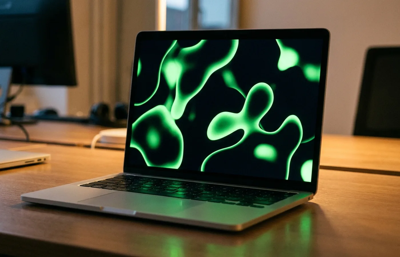 Laptop screen showing a fluid green liquid-motion brand identity against a black background, reflected in the laptop's aluminum surface