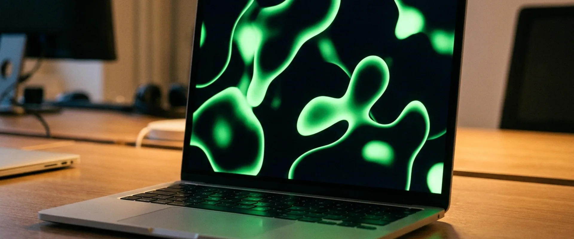Laptop screen showing a fluid green liquid-motion brand identity against a black background, reflected in the laptop's aluminum surface