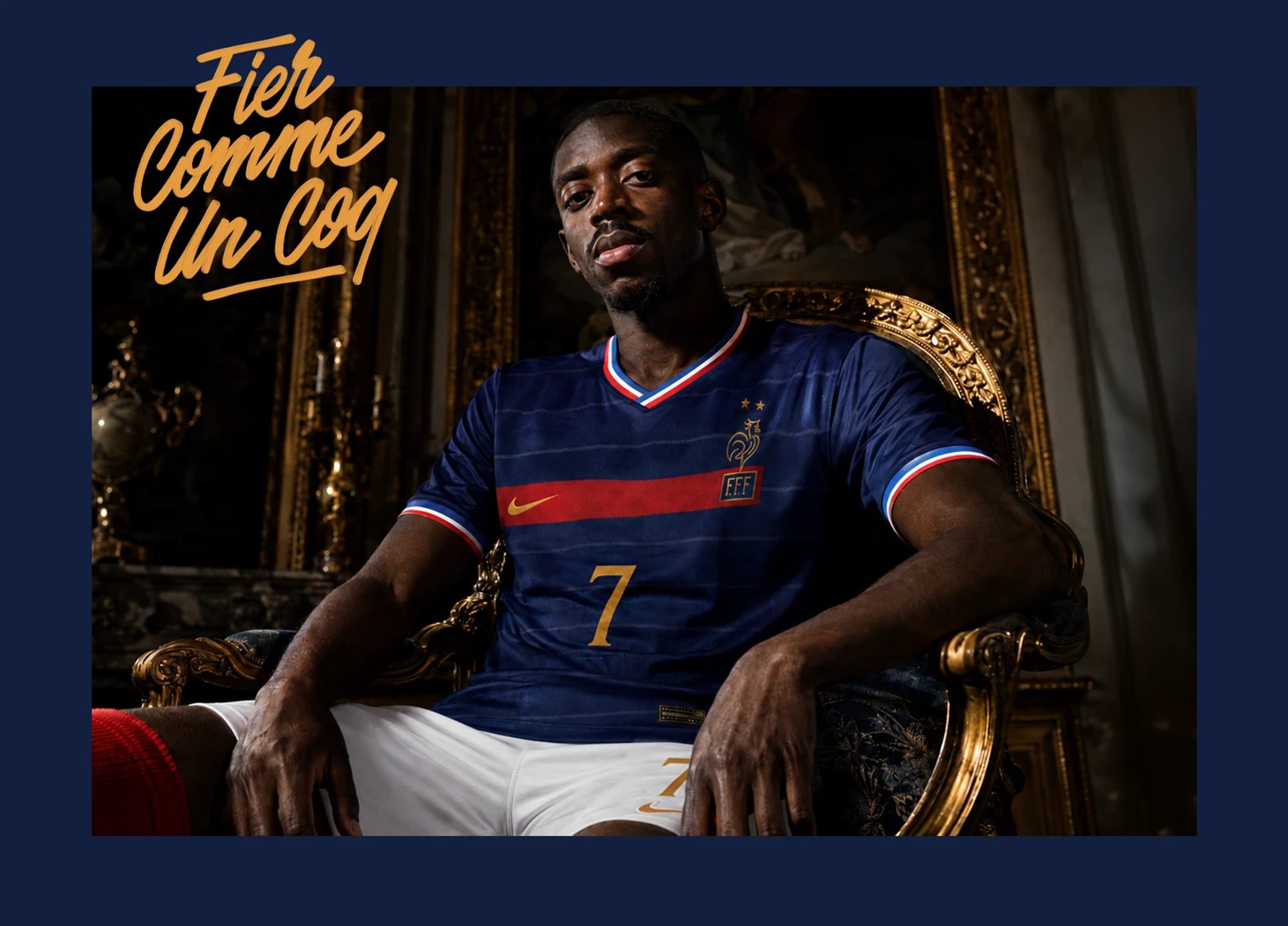 Poster of a footballer in a blue France FFF number 7 kit seated on a gold chair, with orange text “Fier Comme Un Coq”.