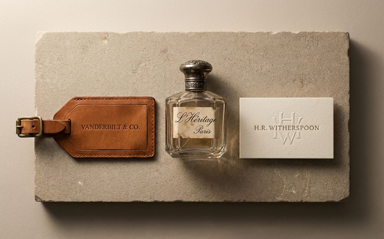 A still life of vintage luxury goods with personal-name branding — debossed leather tag, script-signed perfume bottle, embossed business card — on a neutral stone surface