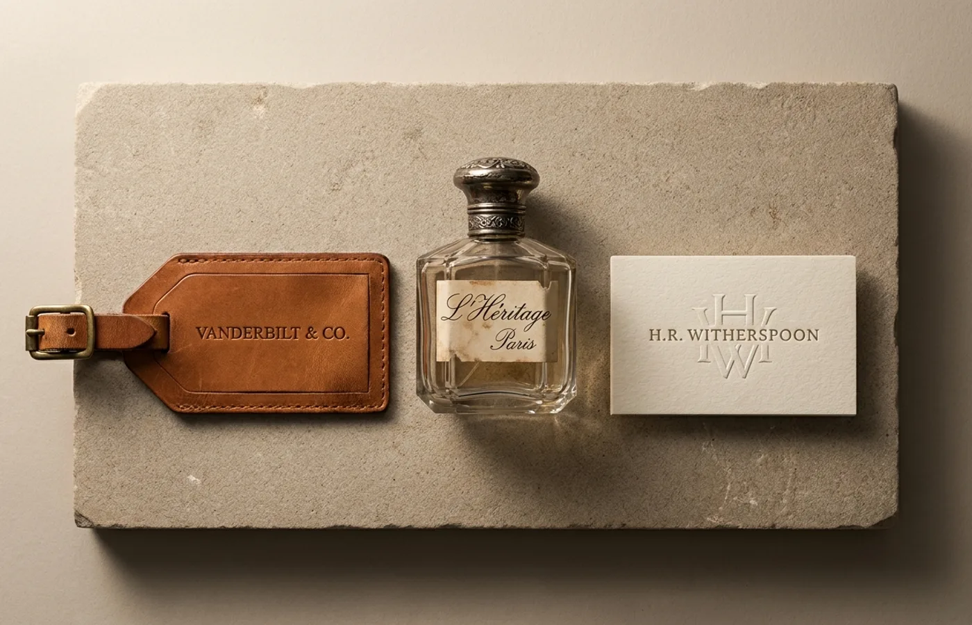 A still life of vintage luxury goods with personal-name branding — debossed leather tag, script-signed perfume bottle, embossed business card — on a neutral stone surface