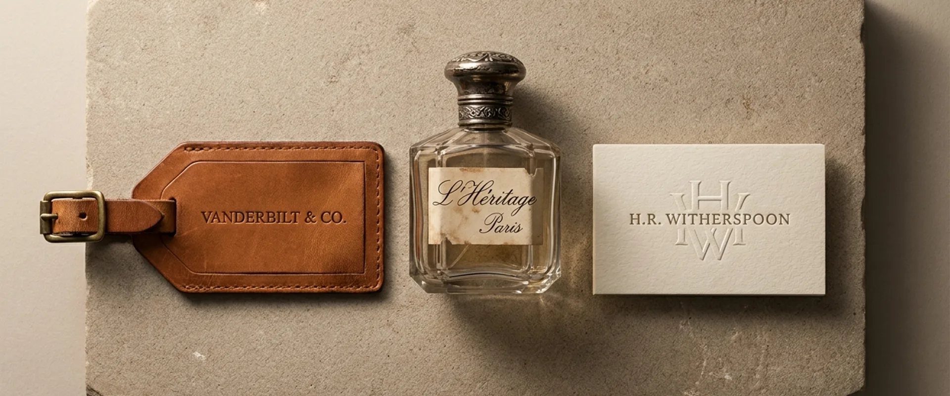 A still life of vintage luxury goods with personal-name branding — debossed leather tag, script-signed perfume bottle, embossed business card — on a neutral stone surface