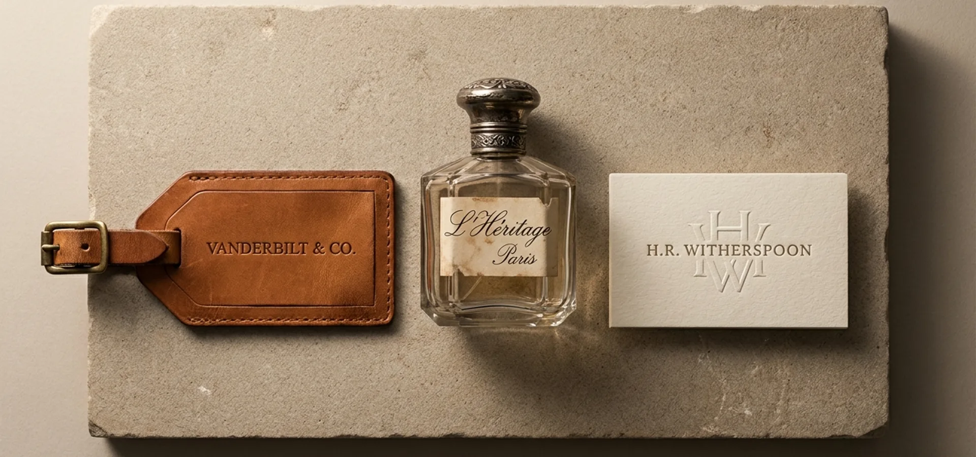 A still life of vintage luxury goods with personal-name branding — debossed leather tag, script-signed perfume bottle, embossed business card — on a neutral stone surface