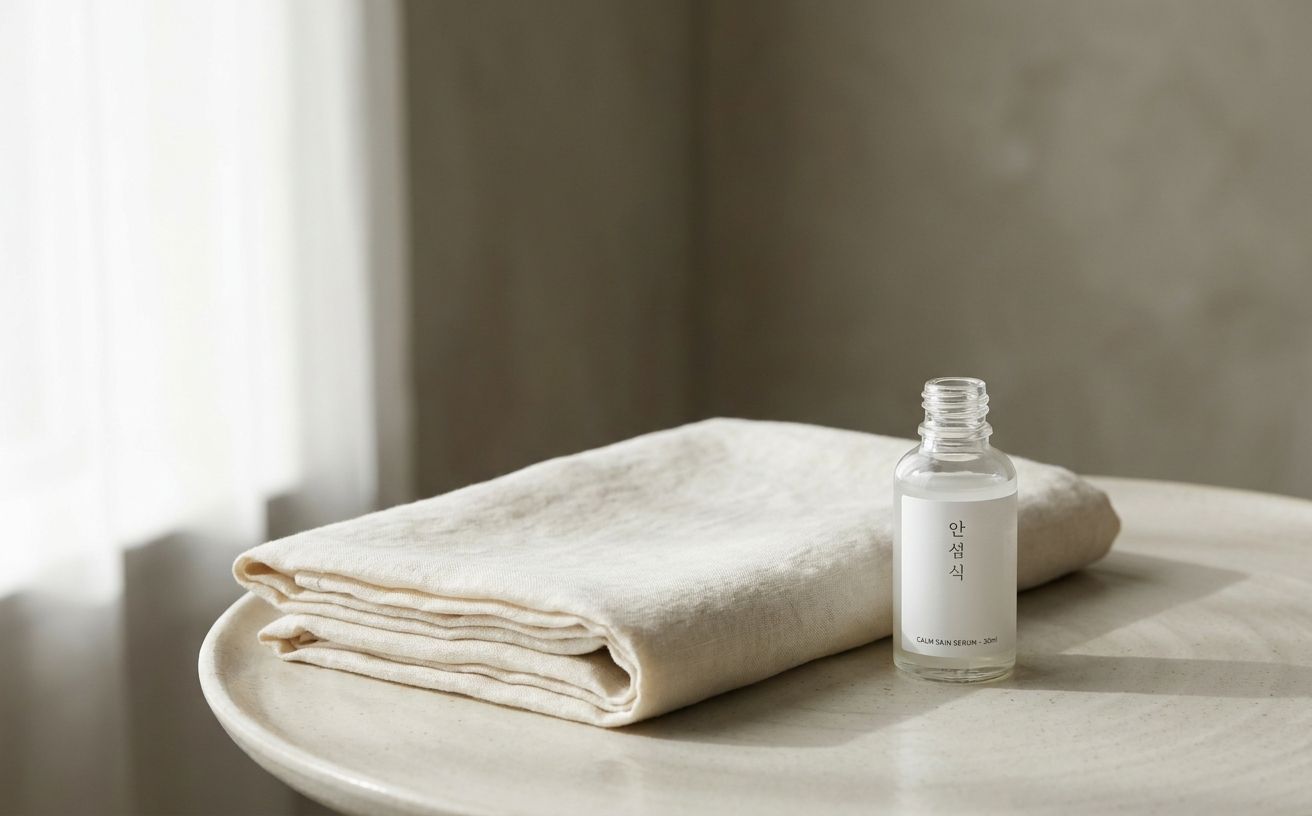Cream-colored folded bed sheet beside a small glass bottle with Korean and English typography, soft morning light, Korean wellness aesthetic