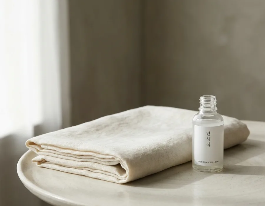 Cream-colored folded bed sheet beside a small glass bottle with Korean and English typography, soft morning light, Korean wellness aesthetic