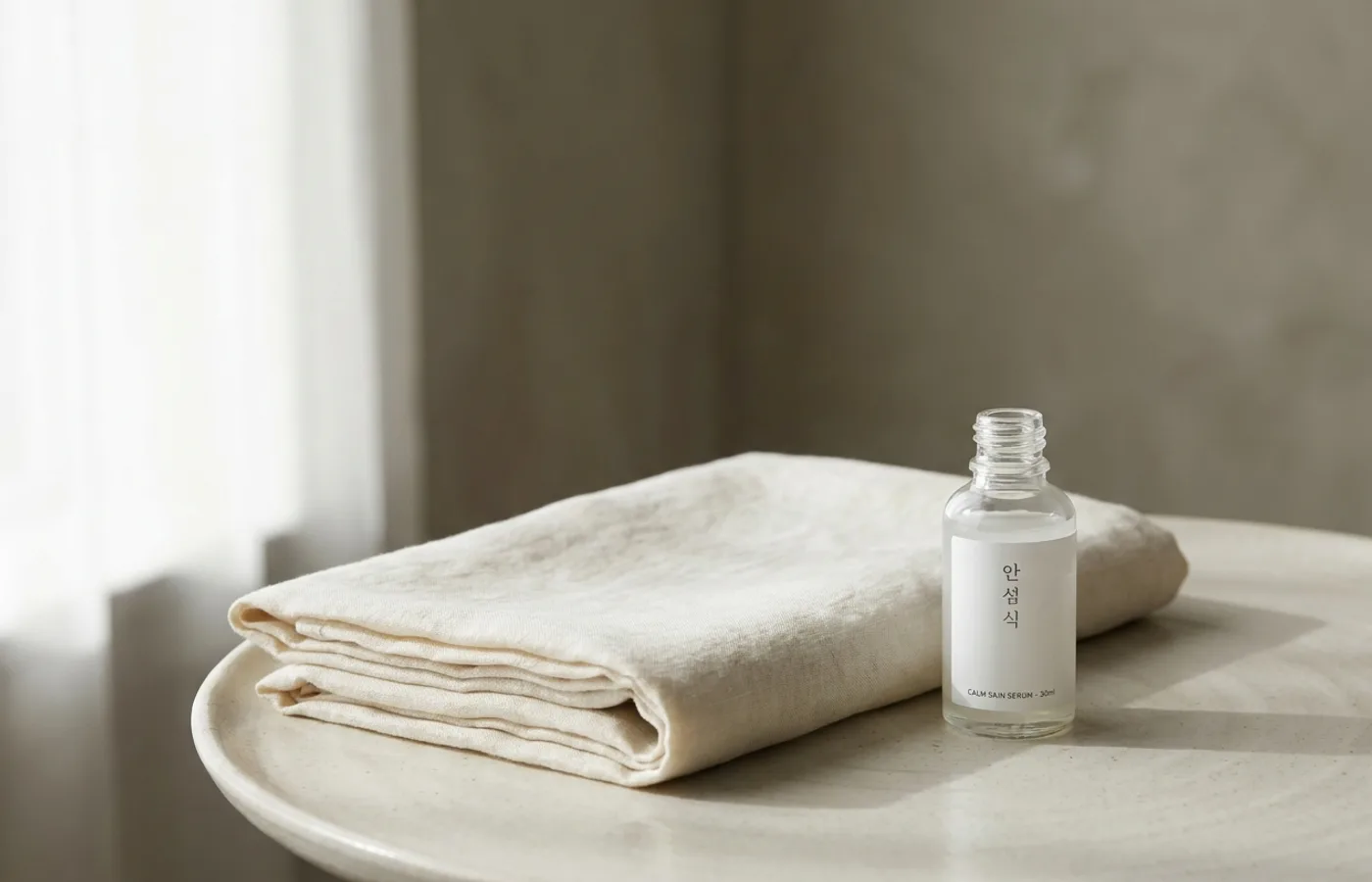 Cream-colored folded bed sheet beside a small glass bottle with Korean and English typography, soft morning light, Korean wellness aesthetic