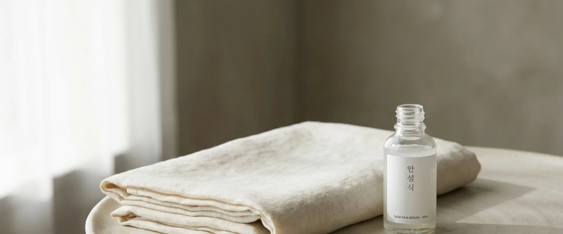 Cream-colored folded bed sheet beside a small glass bottle with Korean and English typography, soft morning light, Korean wellness aesthetic
