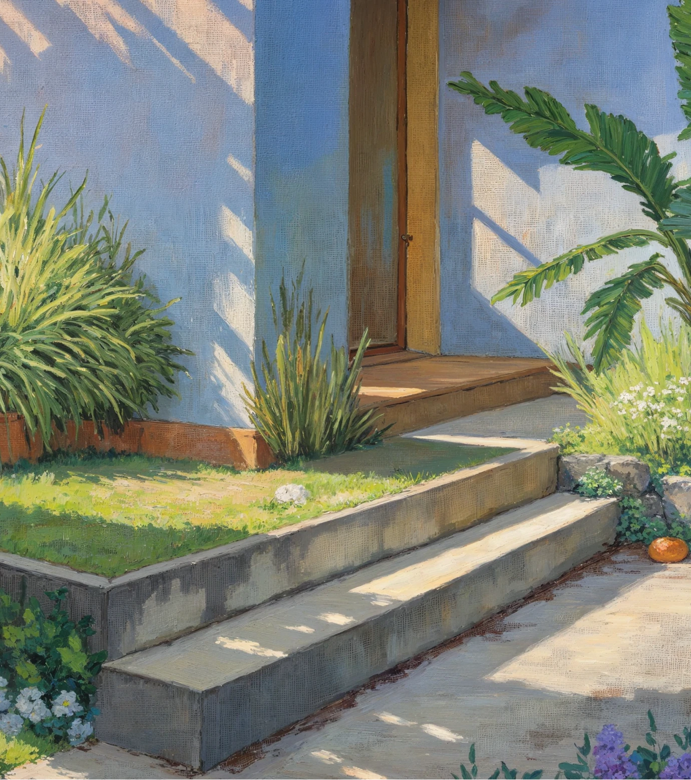 Illustration of concrete steps leading through green plants to a wooden door set in a pale blue house.