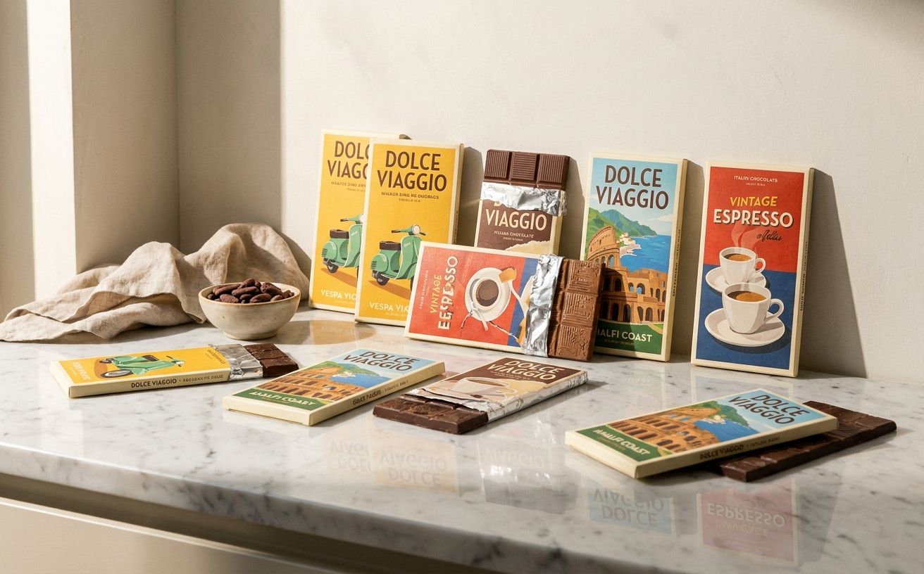 Colorful postcard-style chocolate bar wrappers with illustrated Italian cultural icons arranged on a marble countertop in warm Mediterranean light