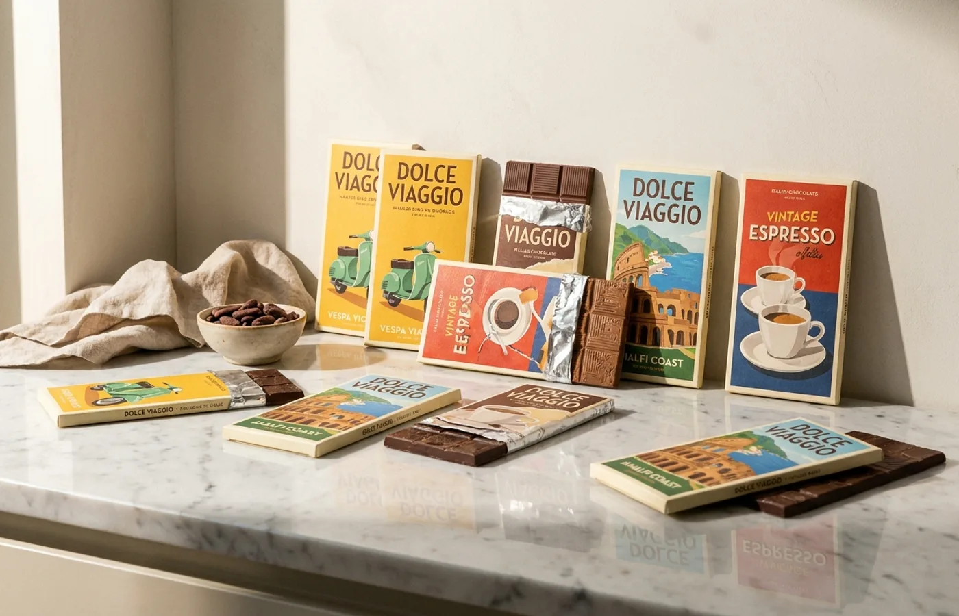 Colorful postcard-style chocolate bar wrappers with illustrated Italian cultural icons arranged on a marble countertop in warm Mediterranean light