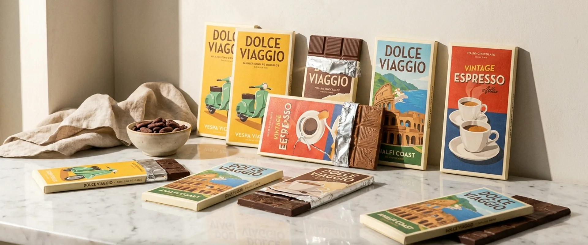 Colorful postcard-style chocolate bar wrappers with illustrated Italian cultural icons arranged on a marble countertop in warm Mediterranean light