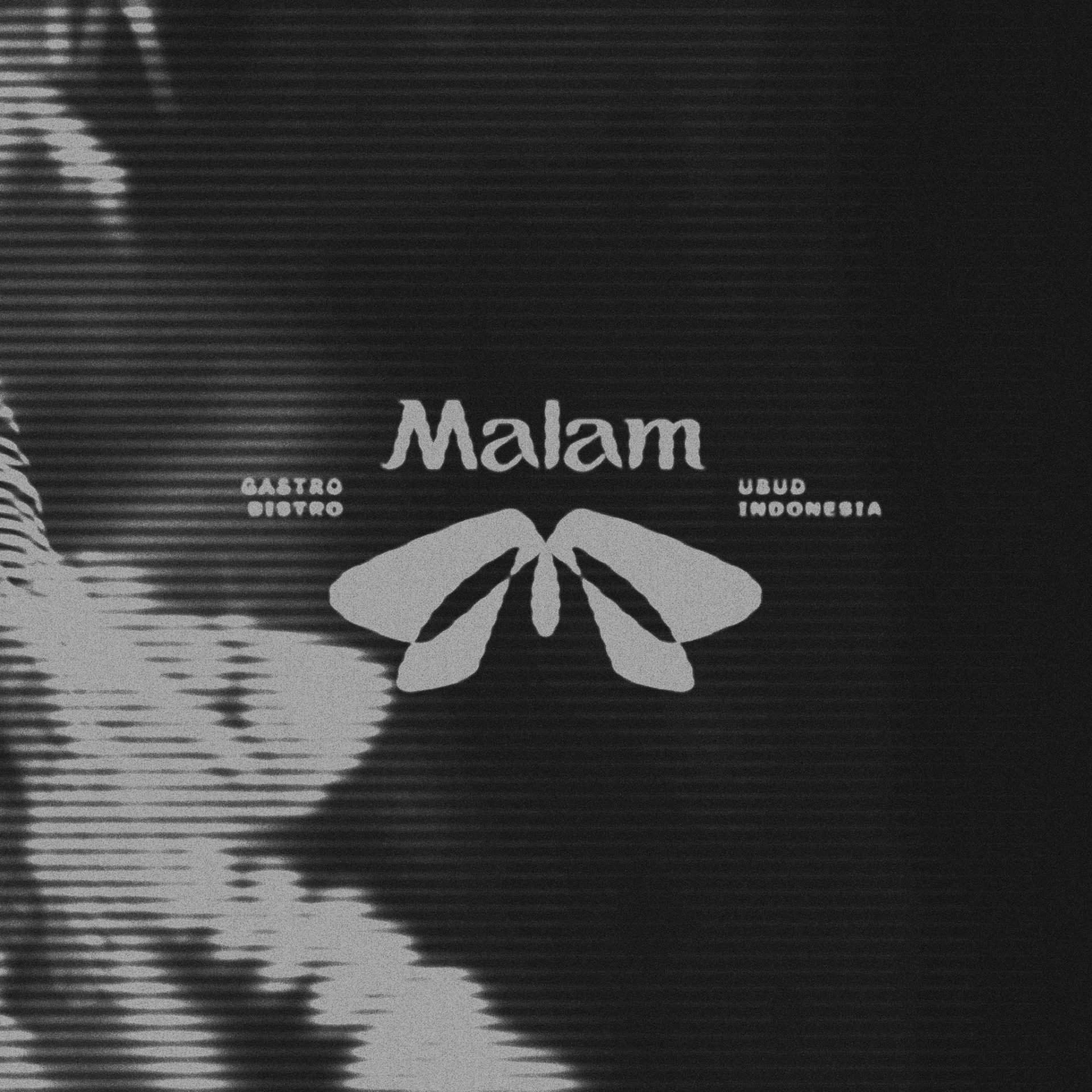 Black-and-white screen graphic with “Malam,” “GASTRO BISTRO,” “URUQ INDONESIA,” and a white moth symbol over rippled shadows.