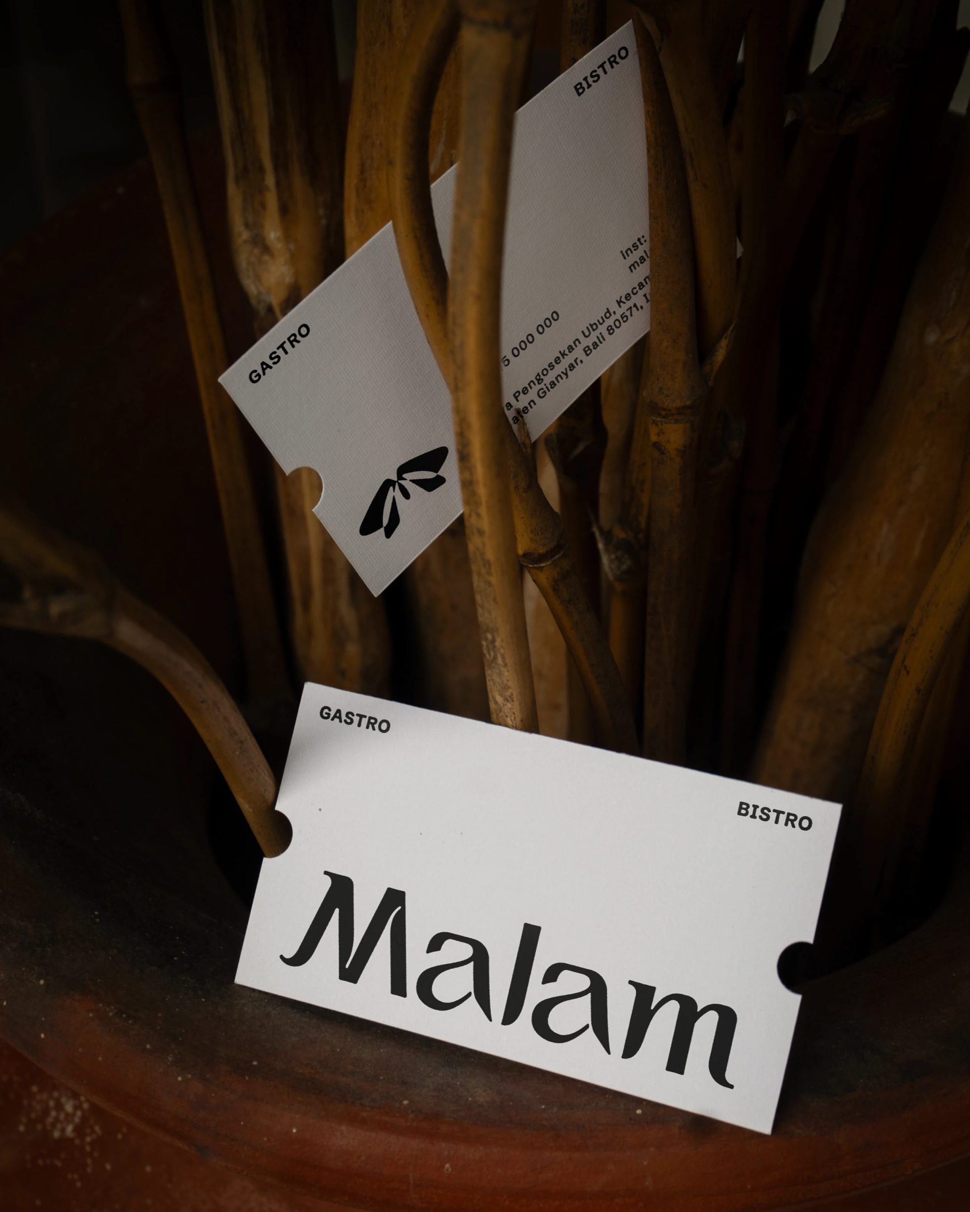 White Malam business cards with black GASTRO and BISTRO text are tucked among brown branches in a terracotta pot.