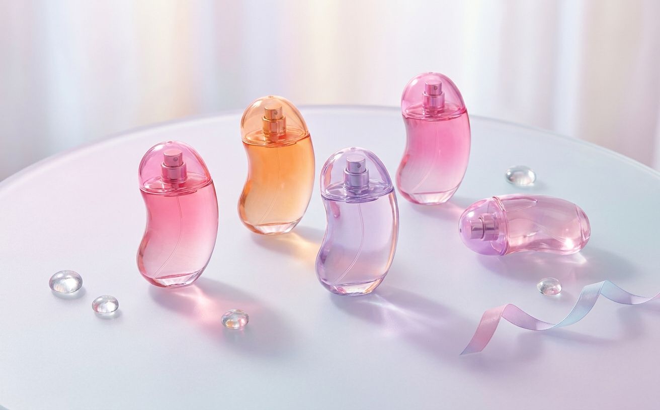 Translucent pink, orange, and lavender jellybean-shaped fragrance bottles on a pastel surface, soft backlight, playful Y2K beauty aesthetic
