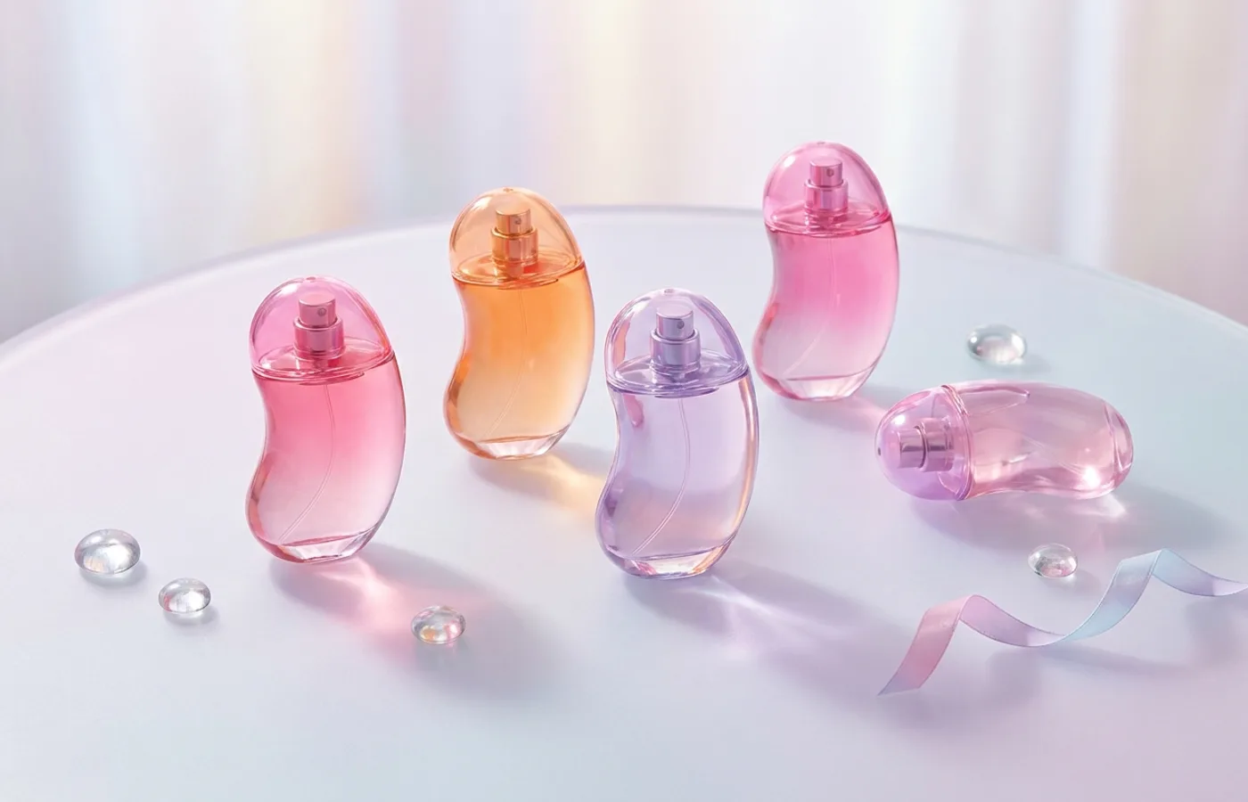 Translucent pink, orange, and lavender jellybean-shaped fragrance bottles on a pastel surface, soft backlight, playful Y2K beauty aesthetic