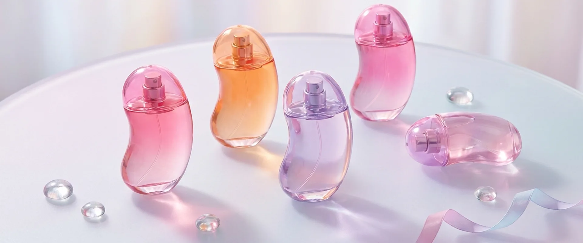 Translucent pink, orange, and lavender jellybean-shaped fragrance bottles on a pastel surface, soft backlight, playful Y2K beauty aesthetic