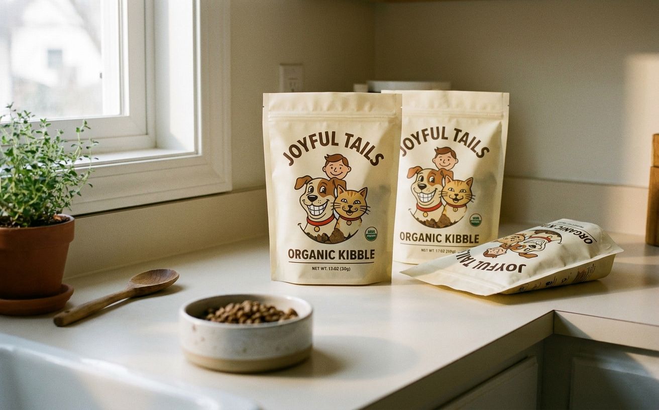 Pet food packaging with illustrated character mascot on a kitchen counter, soft morning light, ceramic pet bowl in soft focus