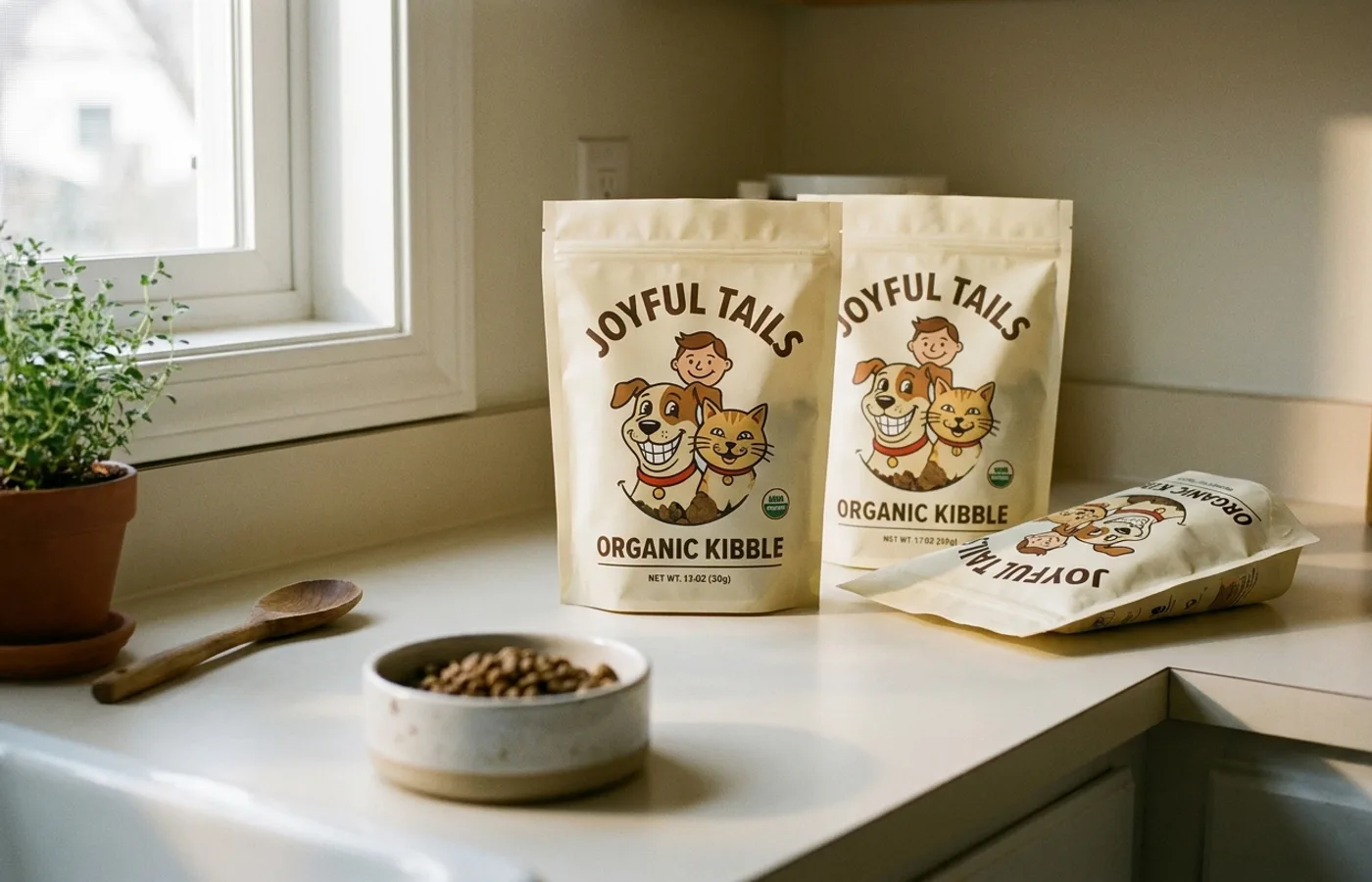Pet food packaging with illustrated character mascot on a kitchen counter, soft morning light, ceramic pet bowl in soft focus