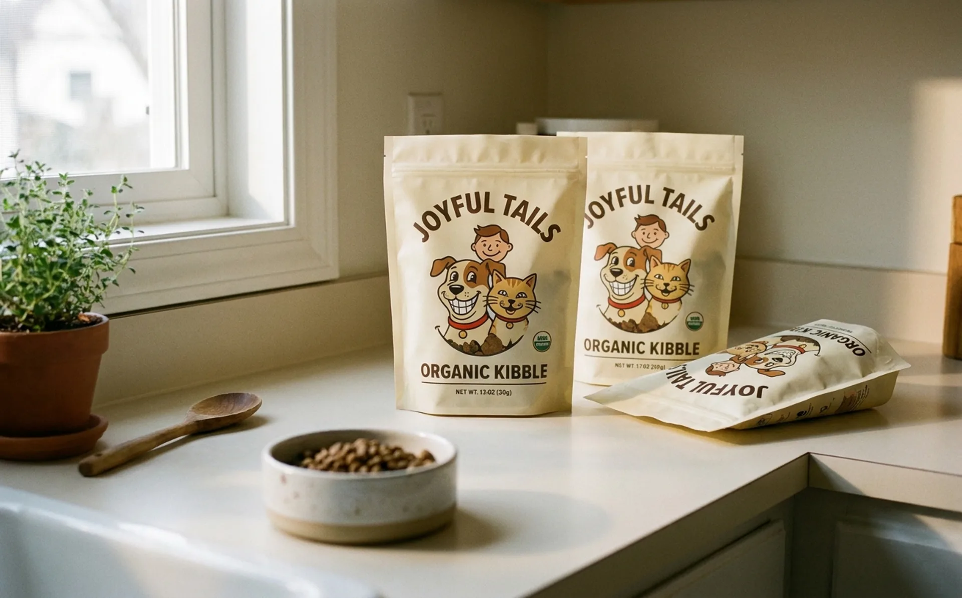 Pet food packaging with illustrated character mascot on a kitchen counter, soft morning light, ceramic pet bowl in soft focus