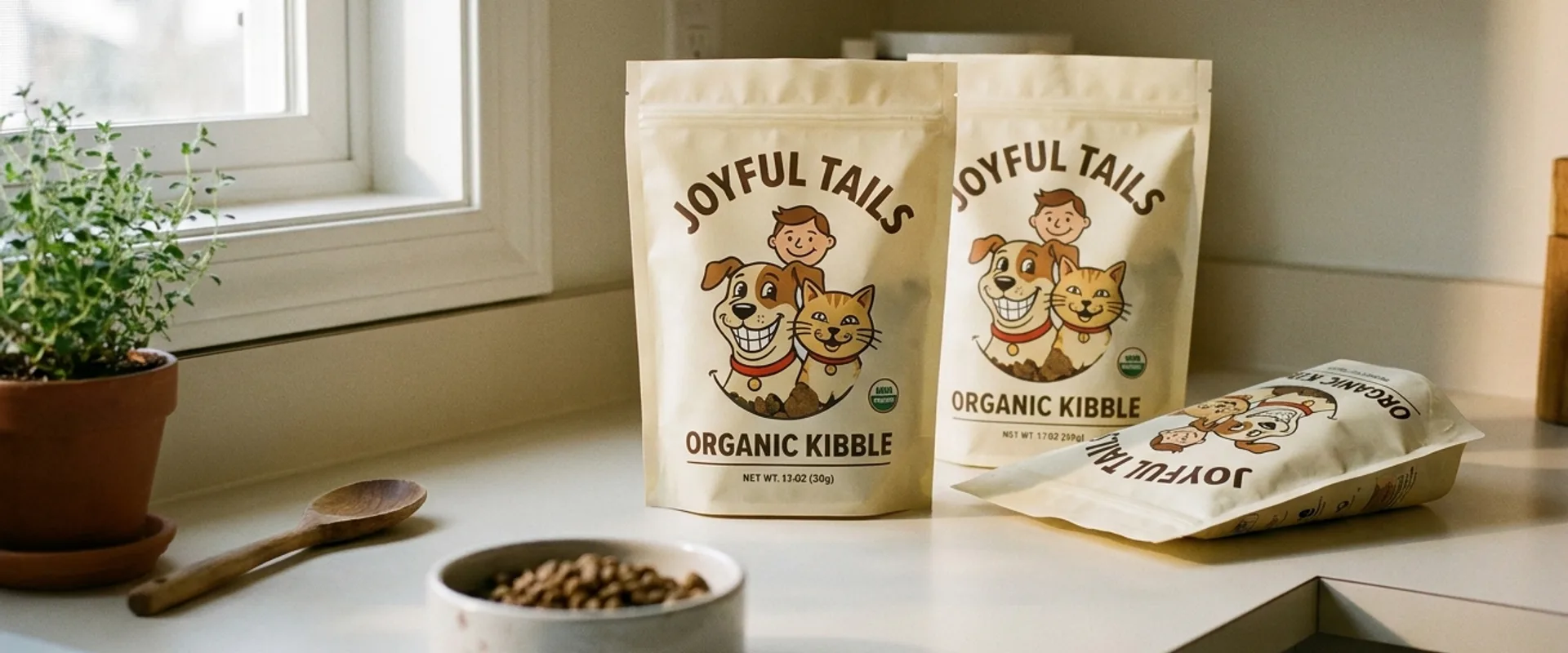 Pet food packaging with illustrated character mascot on a kitchen counter, soft morning light, ceramic pet bowl in soft focus