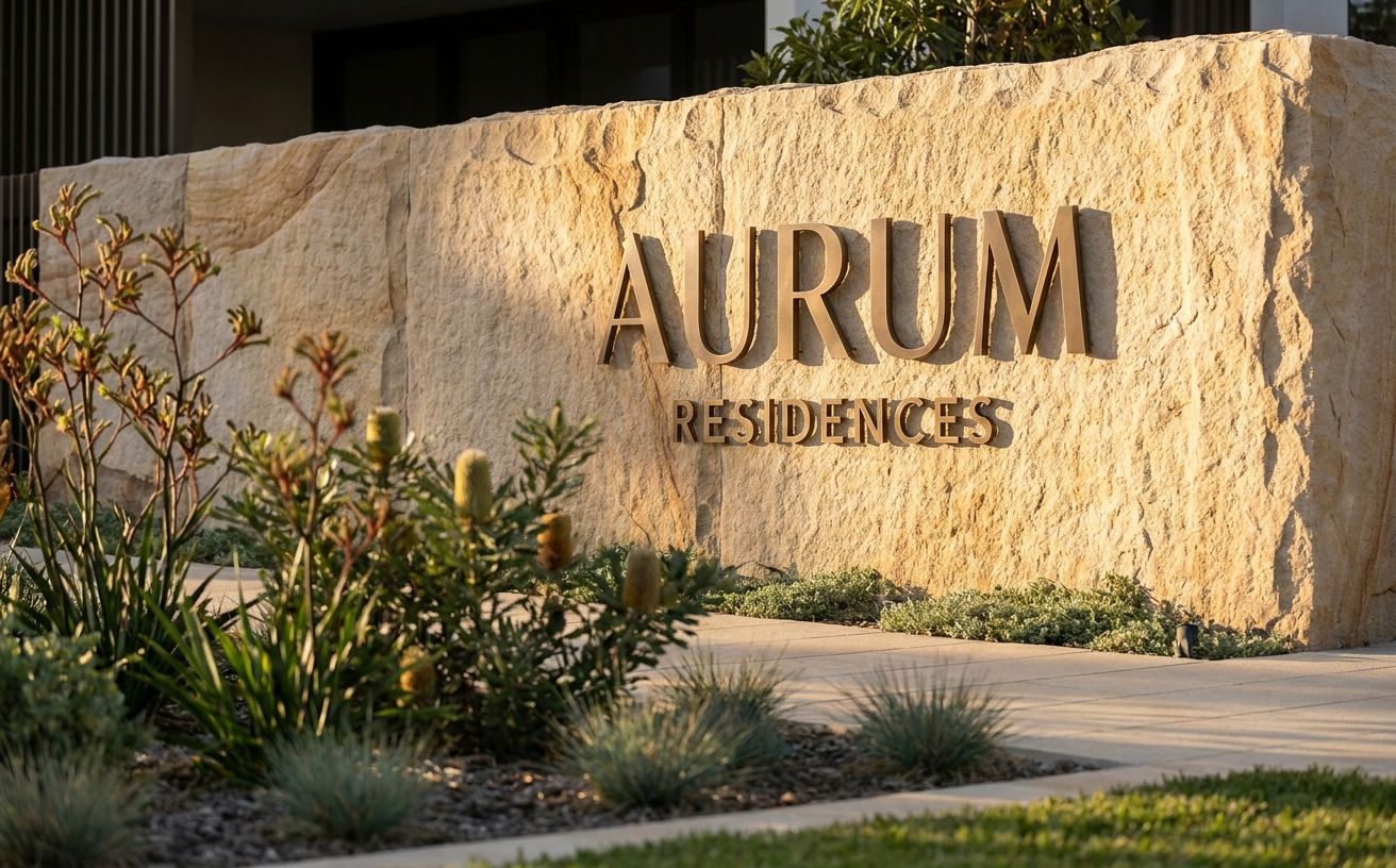 Subtle metal lettering on a textured stone entry wall at a luxury residential development, afternoon light with a garden edge in soft focus