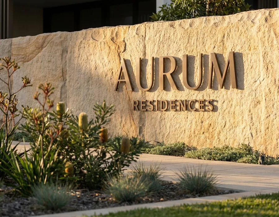 Subtle metal lettering on a textured stone entry wall at a luxury residential development, afternoon light with a garden edge in soft focus