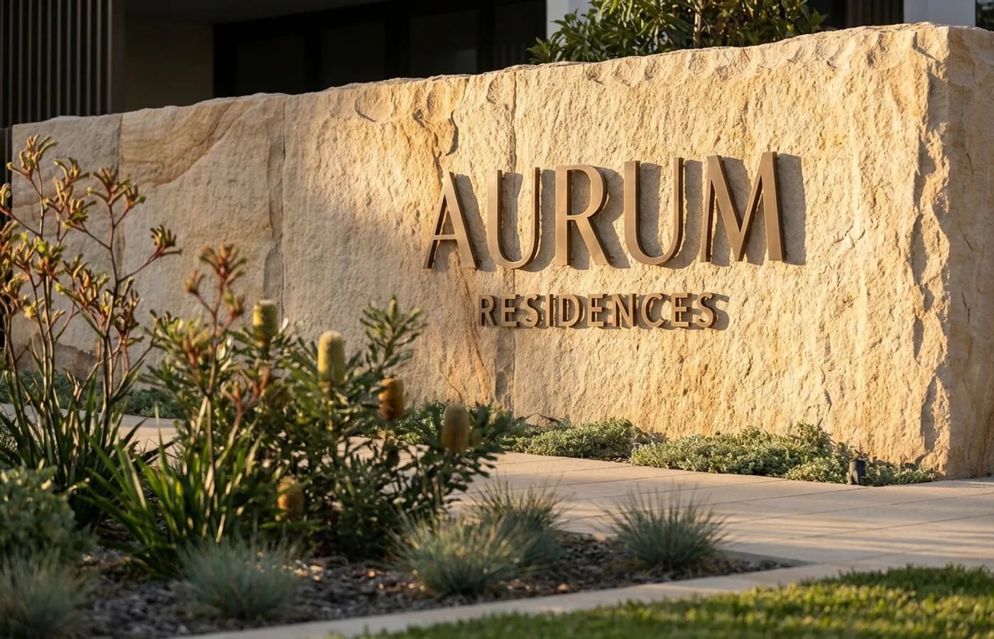 Subtle metal lettering on a textured stone entry wall at a luxury residential development, afternoon light with a garden edge in soft focus