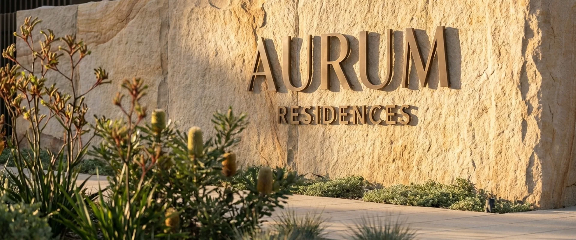 Subtle metal lettering on a textured stone entry wall at a luxury residential development, afternoon light with a garden edge in soft focus