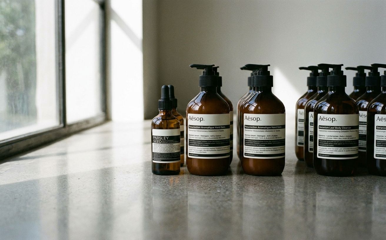 Aesop amber apothecary bottles with minimal black-and-white labels arranged on a marble surface, lit by soft natural side light