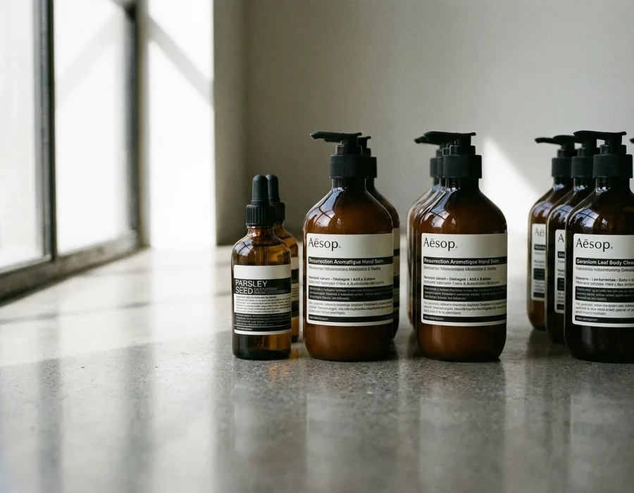 Aesop amber apothecary bottles with minimal black-and-white labels arranged on a marble surface, lit by soft natural side light