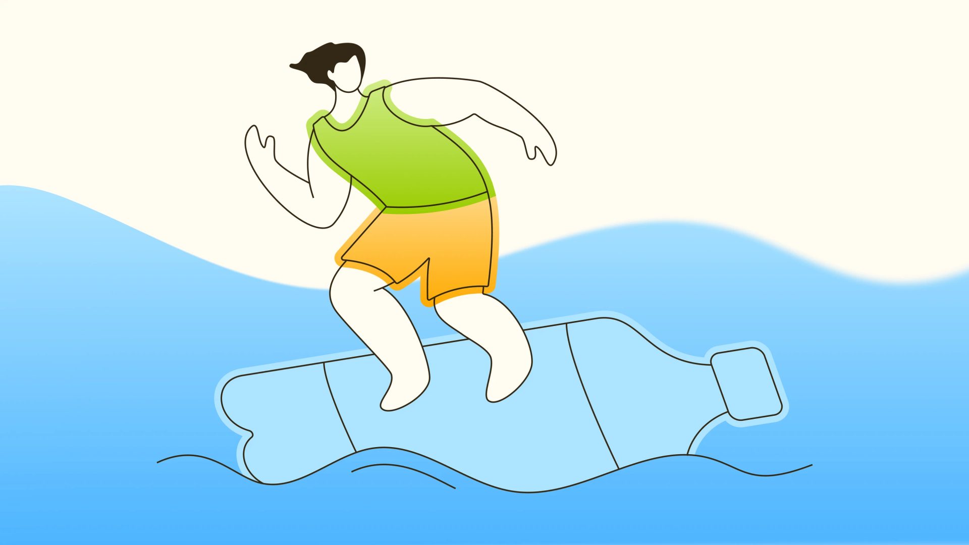Line illustration of a person in a green top and orange shorts riding a pale blue plastic bottle across blue waves.
