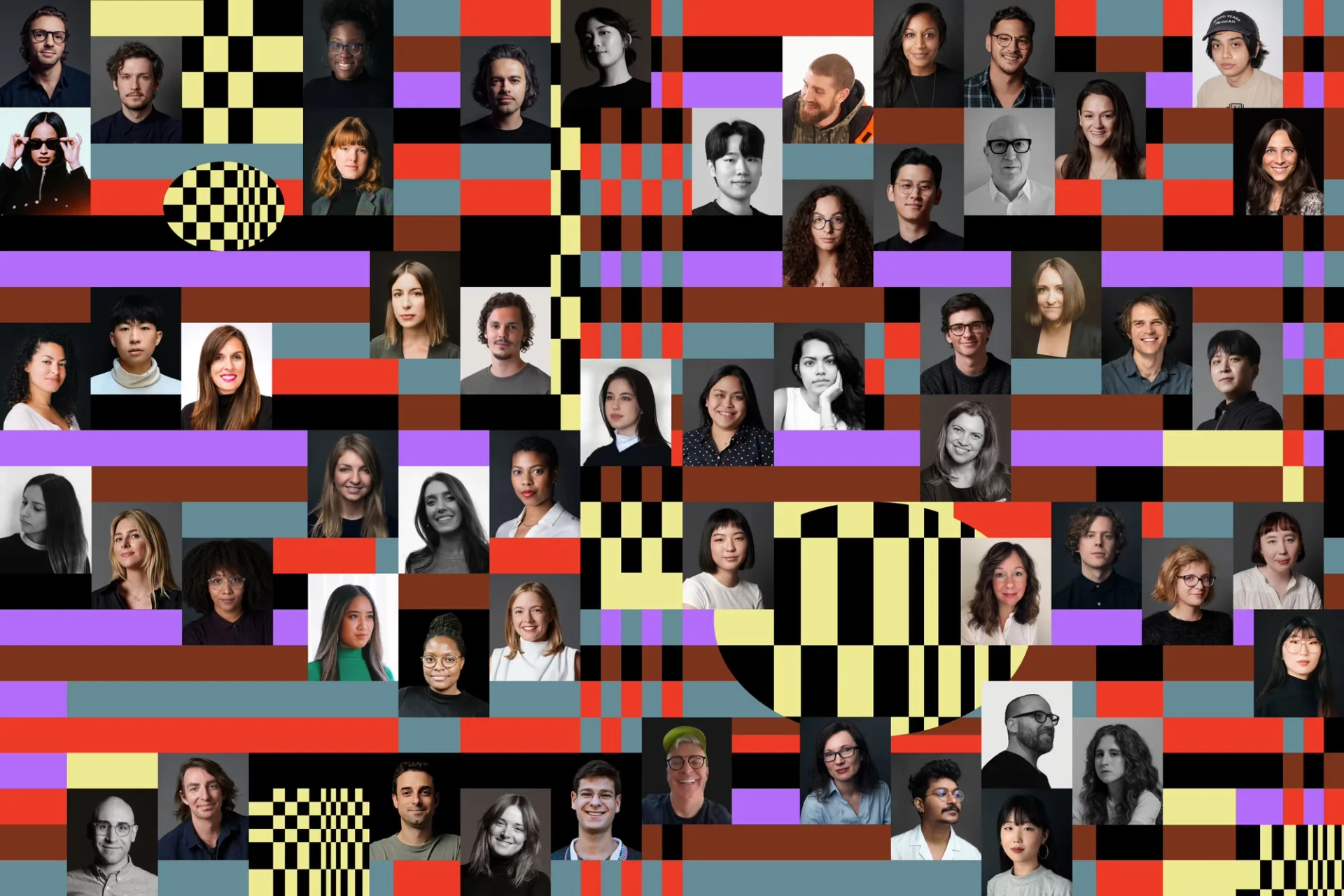 Retratos del equipo de COLLINS entre bloques de color del sistema del estudio