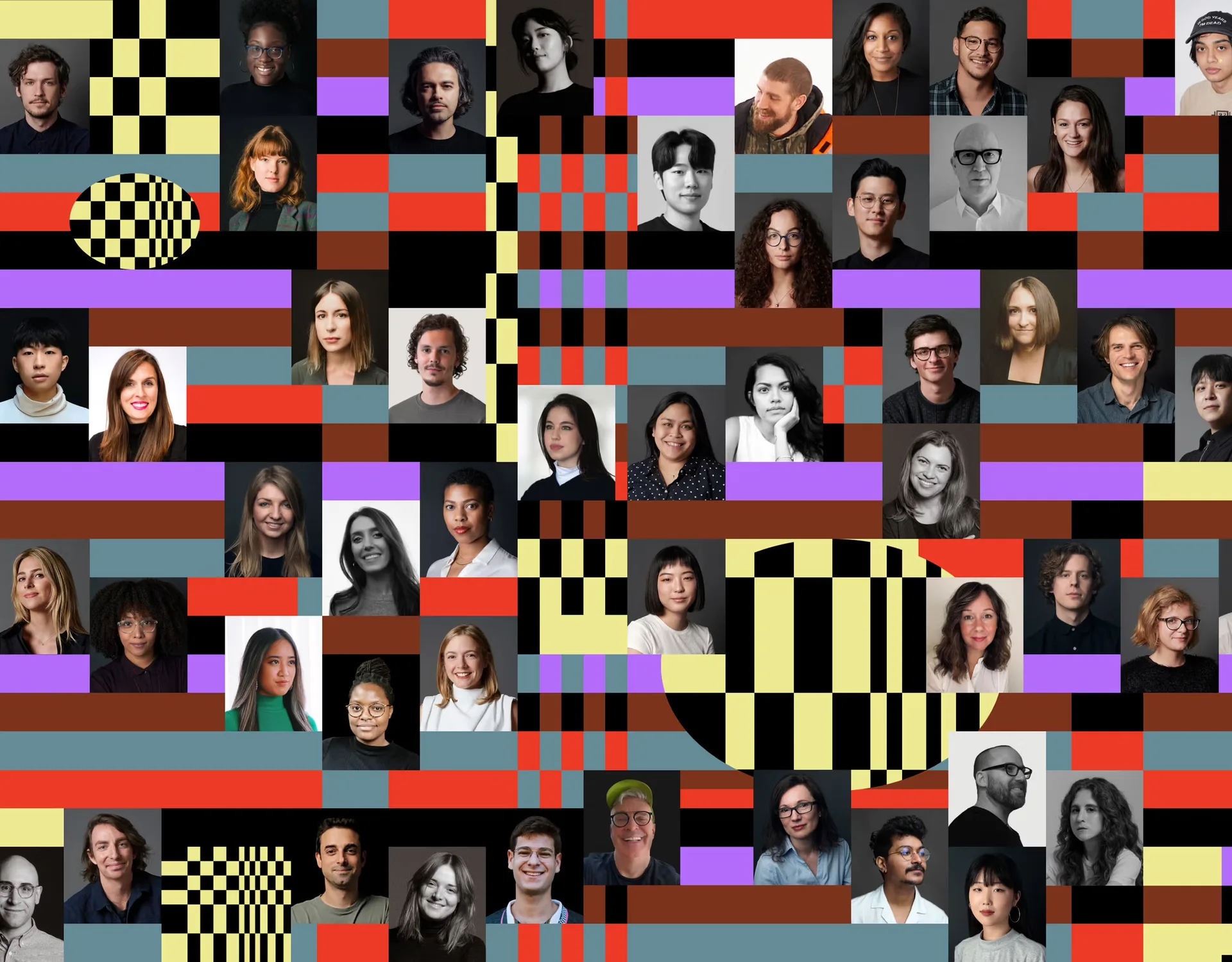 Retratos del equipo de COLLINS entre bloques de color del sistema del estudio