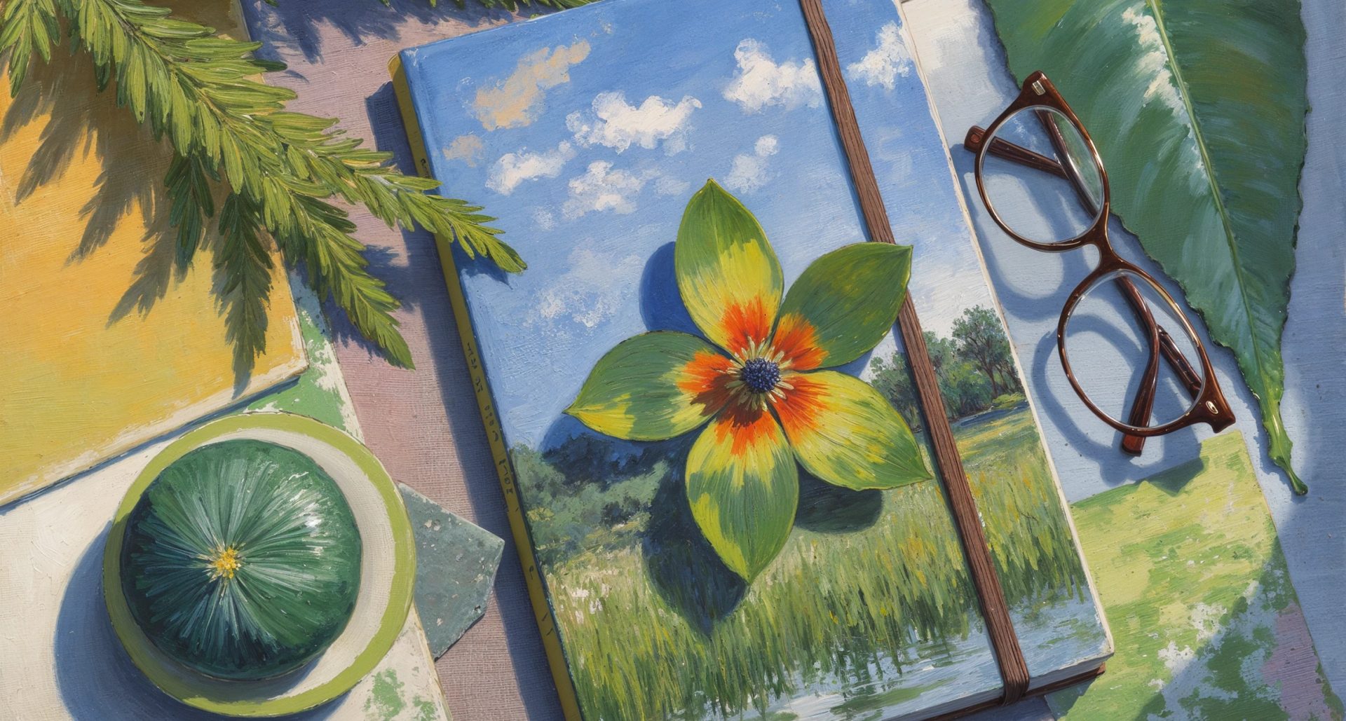 Painted notebook with a green and orange flower, brown glasses, leaves and a green fruit arranged on a colourful surface.